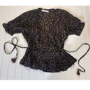 Faithfull the Brand Black Floral Blouse Tassel Tie Flutter Waist Size Women's 6